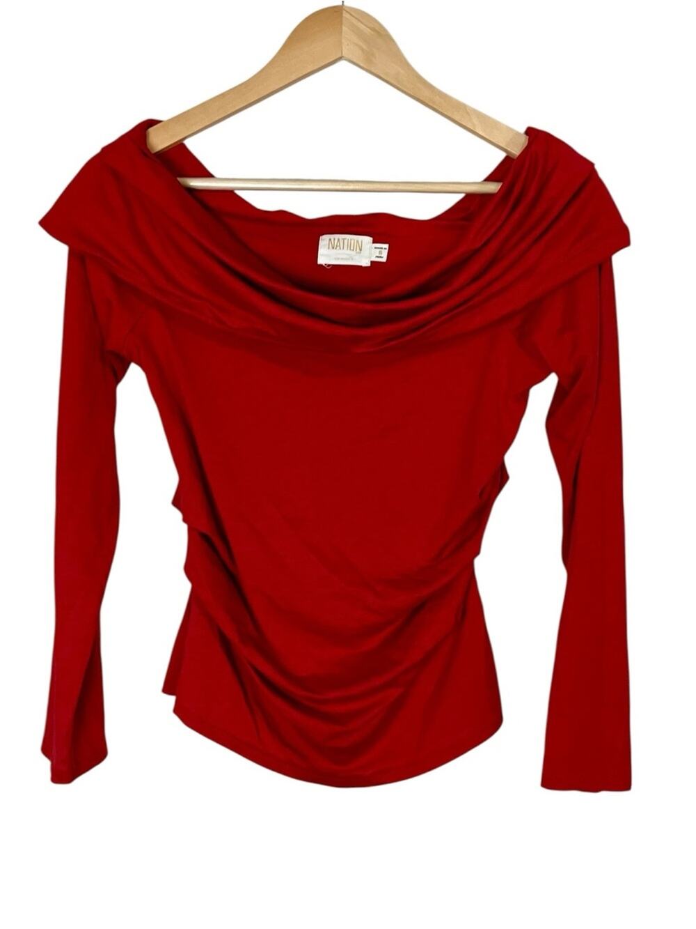 Nation LTD Red Cowl Boat Neck Long Sleeve Side Ruched Red T-shirt Size Small